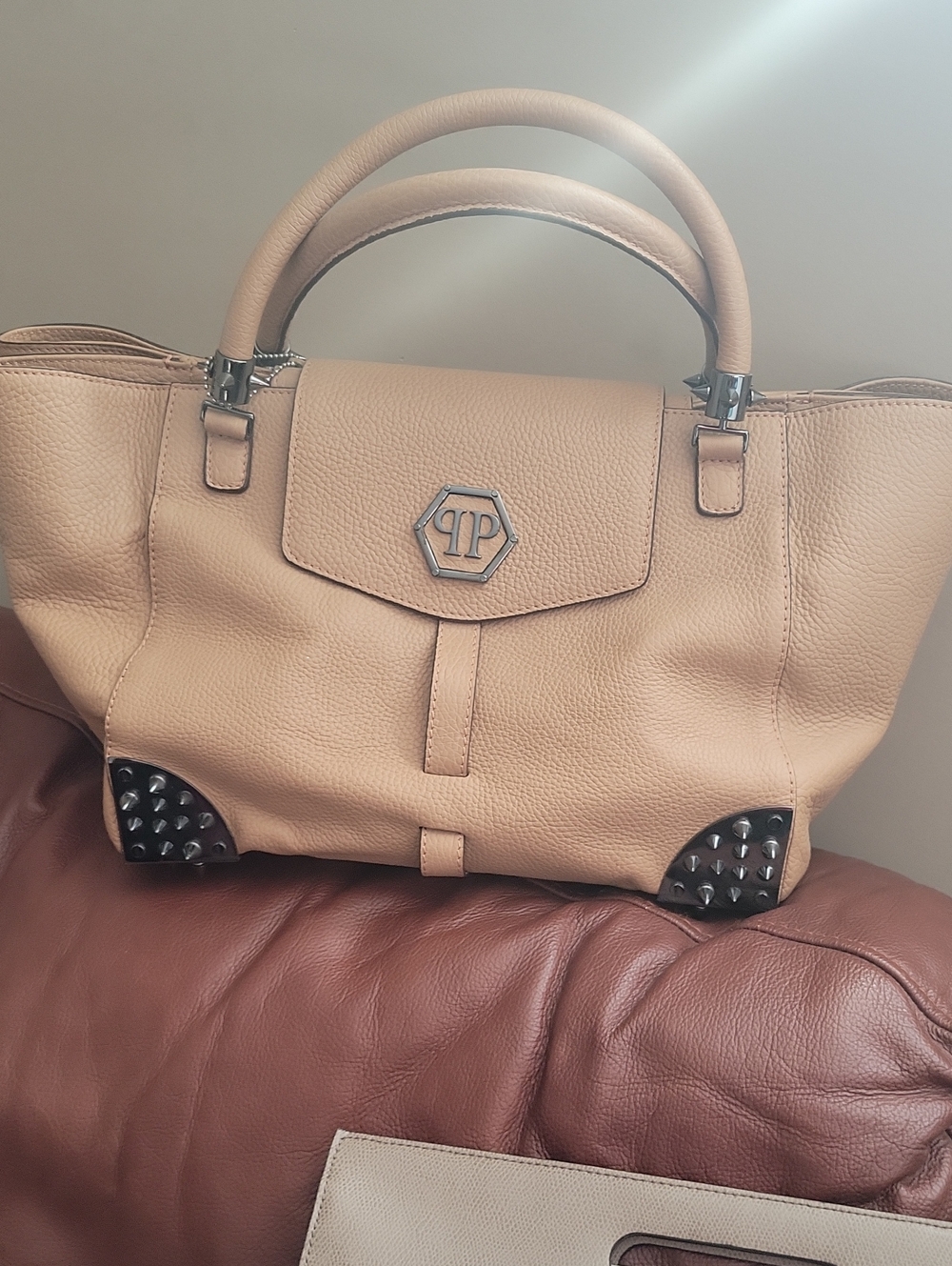 PP Logo Pebbled Leather Satchel in Beige